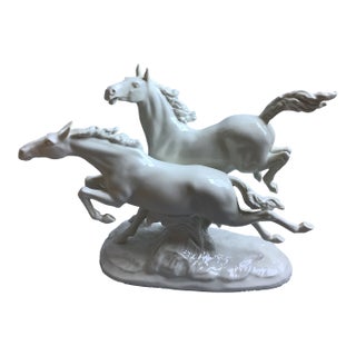 Vintage 60s Hutschenreuther Germany Porcelain Galloping Stallion Horses Lg Statue Sculpture For Sale