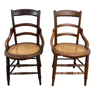 Antique Victorian Curved Ladder Back Hand Caned Armchairs - Pair For Sale