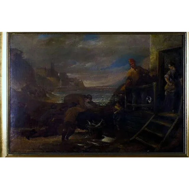 Unknown English artist, 1800s. Oil on canvas. Indistinctly signed. English port lot with fishermen who land fish. In good...