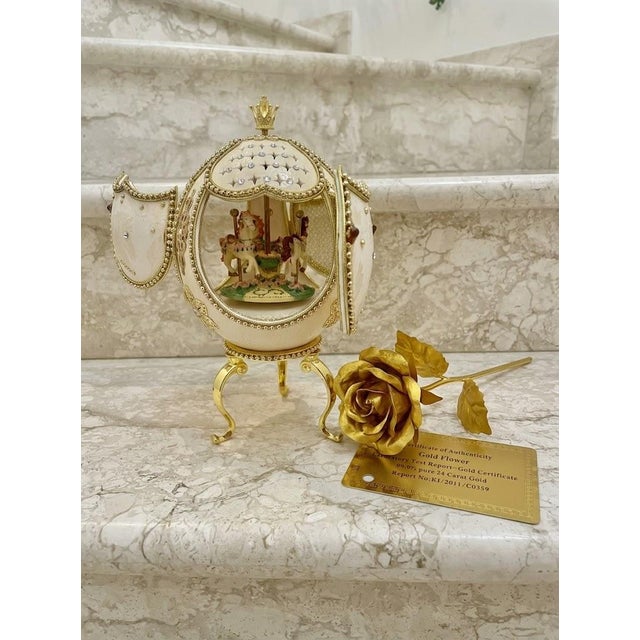 2005 Vintage Fabergé Egg Style XXXXL Pierre Lorren Natural Egg Hand Carved Faberge Style Music Austrian Crystal Pure Gold Deco Handmade 5.1" X 5.9" For Sale - Image 10 of 15