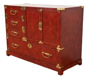Century Furniture Hollywood Regency Chinoiserie Red Lacquered Commode or Chest of Drawers, Circa 1970s