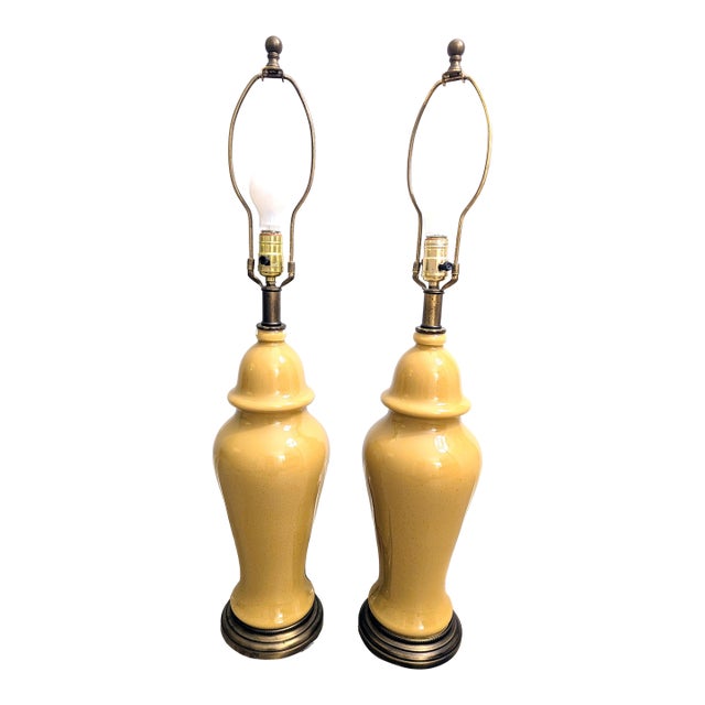 Mid Century Yellow Ceramic Lamp Pair Ginger Jar Style For Sale