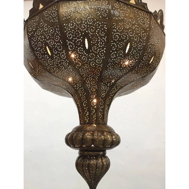 Large Moroccan Moorish Pierced-Brass Chandelier With Glass Insets, Circa 1960 For Sale - Image 9 of 13