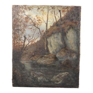 Antique French Woodland Landscape Oil Painting With Rocks and Stream For Sale