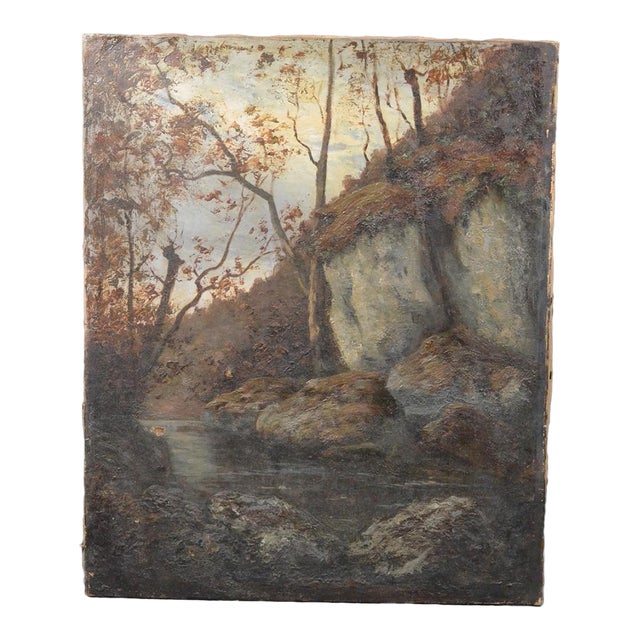 Antique French Woodland Landscape Oil Painting With Rocks and Stream For Sale