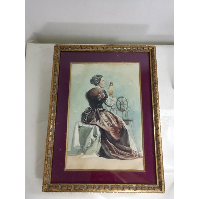 Woman Working at the Spinning Wheel, 1800s, Watercolour For Sale - Image 4 of 14