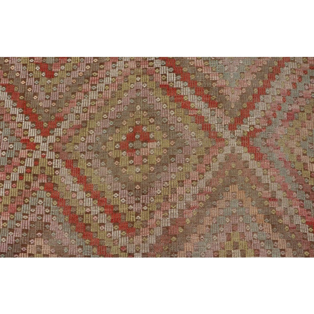 Large Vintage Turkish Kilim Rug With Coral, Gold, Sage Diamond Pattern For Sale - Image 11 of 14