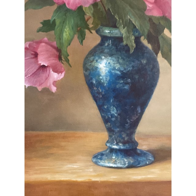 Pink Mid 20th‑Century Vase With Flowers — Rich Classical Still Life Oil on Board, Signed For Sale - Image 8 of 15