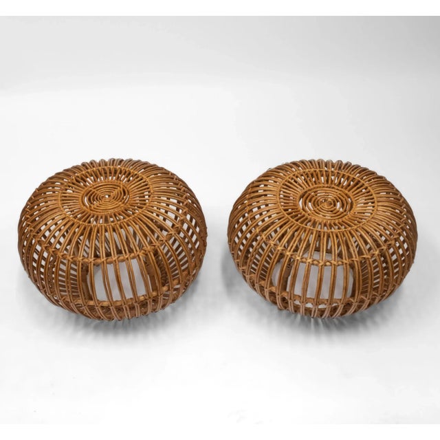 Large Mid Century Rattan Cane Wicker Lobster Pot Ottomans, Set of 2 For Sale - Image 13 of 14