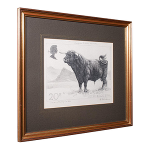 Vintage Stamp Proof Sketch, English, Barry Driscoll, Welsh Black Bull, Framed