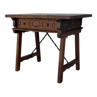 Spanish 1880s Walnut Side Table or Lady Desk, Carved Legs and Iron Stretcher For Sale