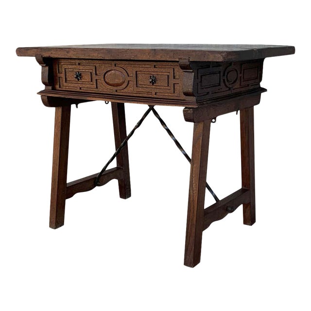 Spanish 1880s Walnut Side Table or Lady Desk, Carved Legs and Iron Stretcher For Sale