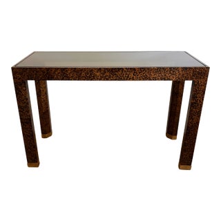 Mid-Century Faux Tortoise Shell Console Table With Black Glass by Henredon For Sale