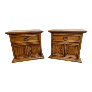 Drexel Heritage Campaign Style Pecan Wood Nightstand or End Table, a Pair