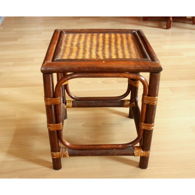 Mid-Century Modern Handmade Rattan, Bamboo and Wooden Plant Stand - Vintage For Sale - Image 3 of 11