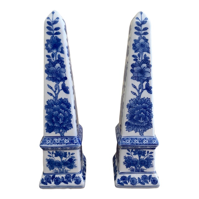 Neoclassical French Country Porcelain Blue and White Obelisks, Pair For Sale