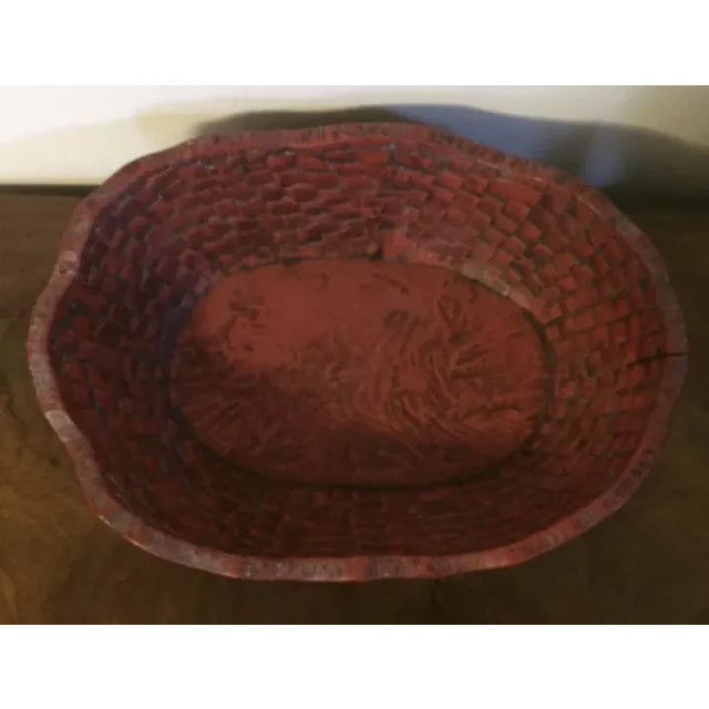Antique Japanese Red Lacquer Carved Wood Basketweave Centerpiece Bowl For Sale - Image 10 of 13