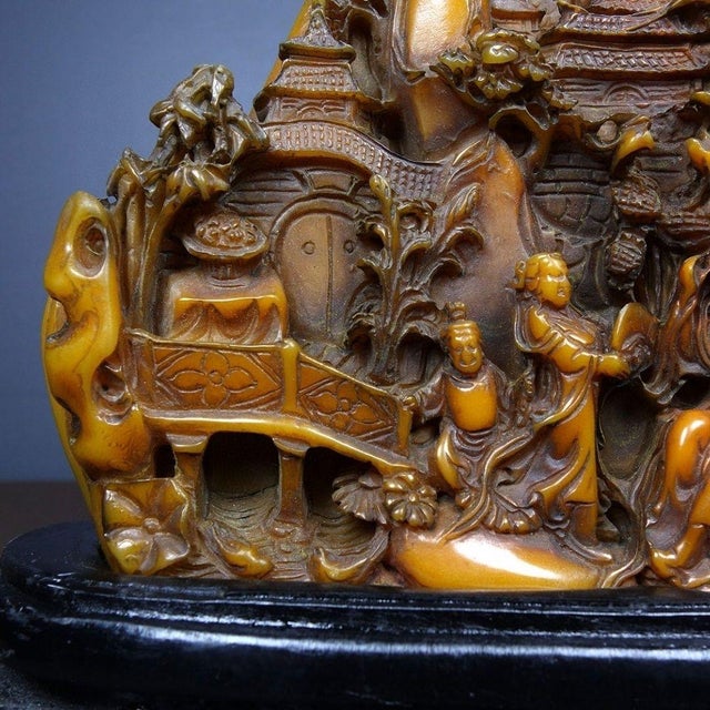 Amber Vintage Carved Soapstone Mountain Scene – 9.1" Figural Landscape Sculpture For Sale - Image 8 of 9