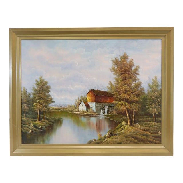 Late 19th Century "The Mill" Rustic Landscape Original Oil on Canvas Painting, Signed, Framed For Sale