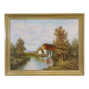 Late 19th Century "The Mill" Rustic Landscape Original Oil on Canvas Painting, Signed, Framed