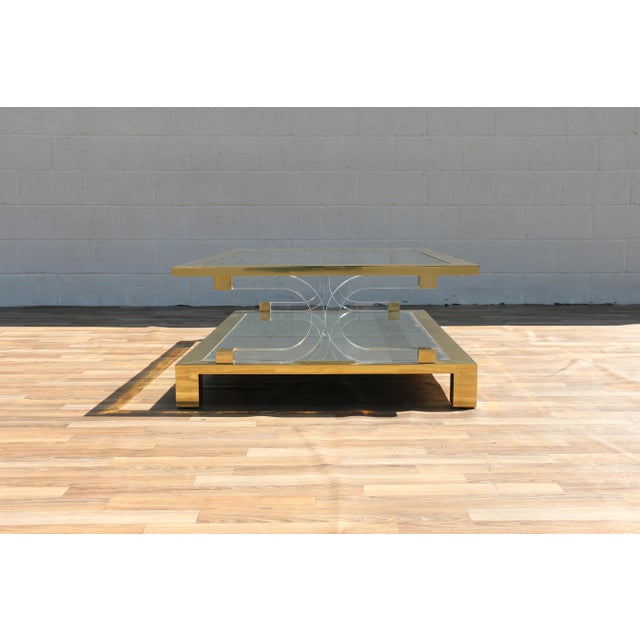 Brass Vintage 1970s Hollywood Regency Brass Lucite & Glass Two-Tier Coffee Table For Sale - Image 8 of 18