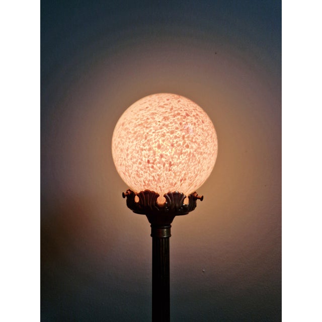 Gold Gilt Bronze Table Lamp with Pink Speckled Glass Globe, Early 20th Century For Sale - Image 8 of 14