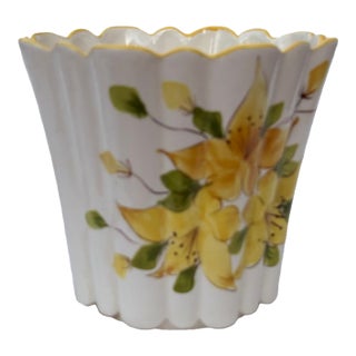 Mid-Century Modern Vee Jackson Yellow Floral Ceramic Cachepot Planter, Signed by Artist For Sale