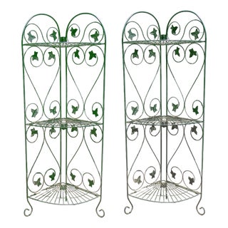 Green Tole Folding Corner Shelving Units, Pair For Sale