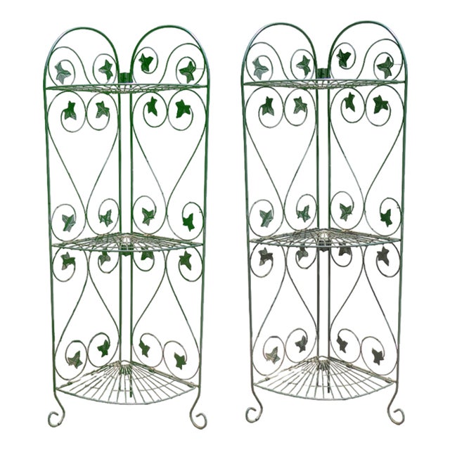 Green Tole Folding Corner Shelving Units, Pair For Sale