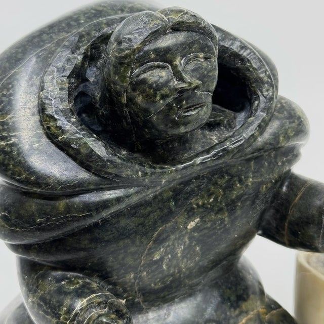 Gemstone Vintage Hand Carved Signed Inuit Serpentine Figure With Bucket- Archie Ishulutuq For Sale - Image 7 of 10