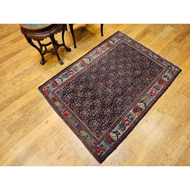 Antique Persian Senneh Area Rug, Hand-Knotted Wool, Herati Pattern & Gol Farang Border, Navy & Light Blue, 4x5 For Sale - Image 9 of 18