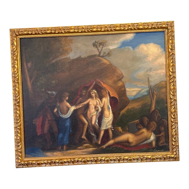 Vintage Old Style Oil Painting Nude Figurative Mythological Scene Gilt Frame For Sale