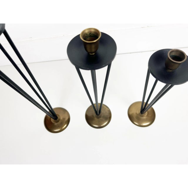 1960s Modernist Black Enameled Metal and Brass Candleholders - Set of 3 For Sale - Image 5 of 10