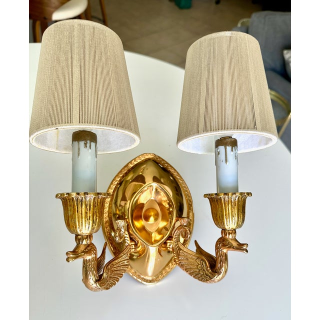 Metal Pair French Empire Style Brass Swan Wall Sconces For Sale - Image 7 of 15