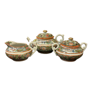Rose Canton Porcelain Tea Pot, Creamer and Sugar Set, Marked "China", 1890-1919