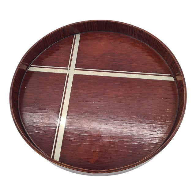 Art Deco Round Dark Veneer Tray with Metal Decoration, 1930s For Sale