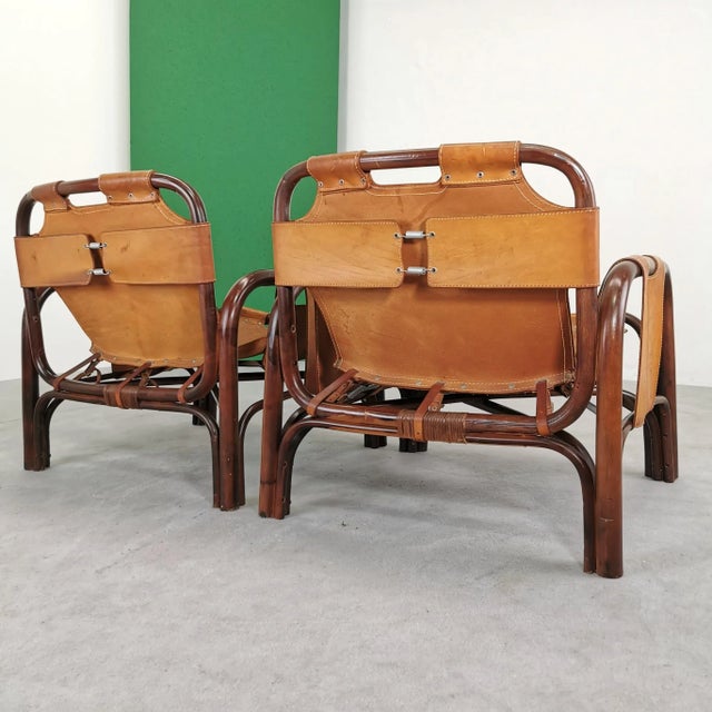 Brown Set of Bamboo and Natural Leather Chairs by Tito Agnoli, 1970s For Sale - Image 8 of 18