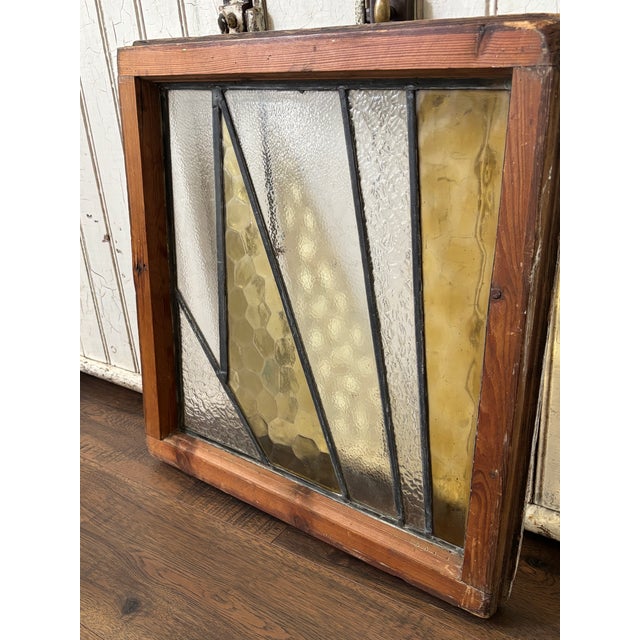 Antique Glass Wood Frame Stained Prairie School Window - Geometric Reversible Wood Frame For Sale In Columbus - Image 6 of 10