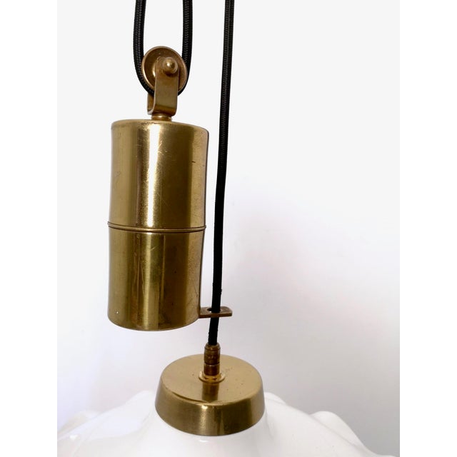 Metal Mid-Century Modern Adjustable Pendant Lamp in White Ceramic and Brass For Sale - Image 7 of 10