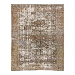 Distressed Antique Mahal Wool Area Rug in Taupe, Warm Brown, and Muted Sage For Sale
