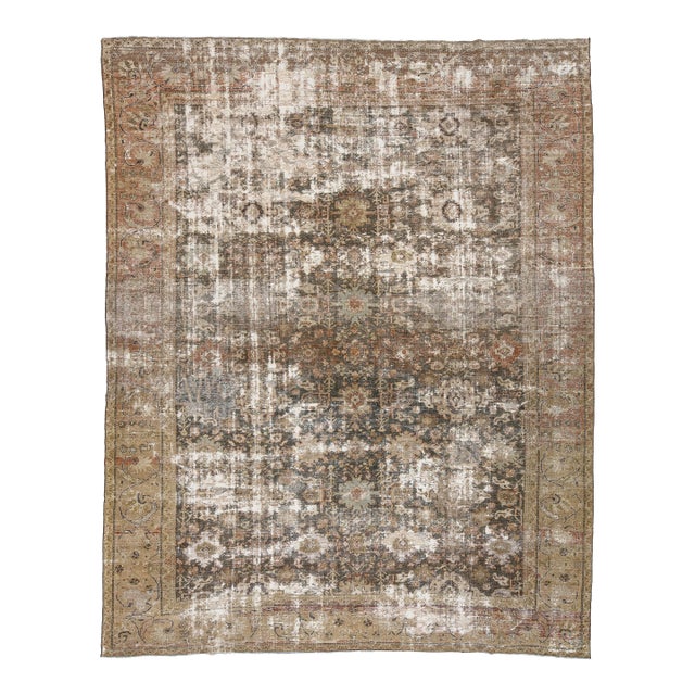 Distressed Antique Mahal Wool Area Rug in Taupe, Warm Brown, and Muted Sage For Sale