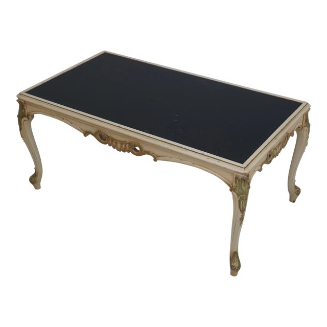 Italian Style Paint Decorated Black Glass Coffee Table For Sale