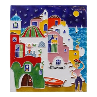 Mediterranean Houses Italian Hand Painted Tile Art by Creazioni Luciano For Sale