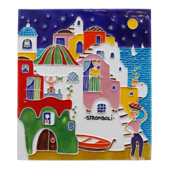 Mediterranean Houses Italian Hand Painted Tile Art by Creazioni Luciano For Sale