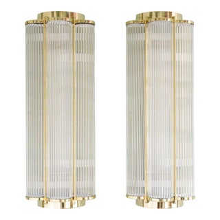Pair Vintage 1940s Skyscraper Art Deco Wall Sconces Fixture Brass & Glass Rod Ship Light For Sale