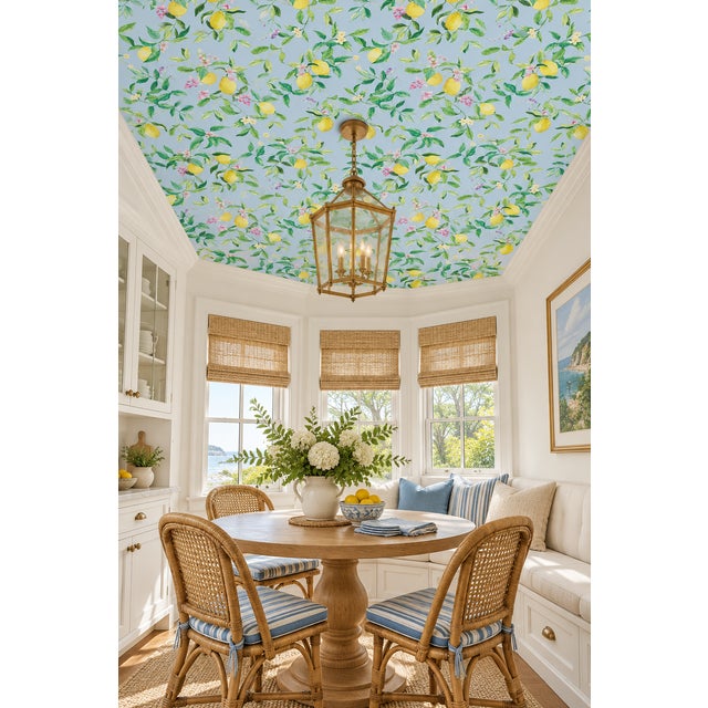 Mediterranean Limoncello Floral & Lemon Grasscloth Wallpaper by House Party | Mediterranean Blue | 8 Yards For Sale - Image 3 of 9