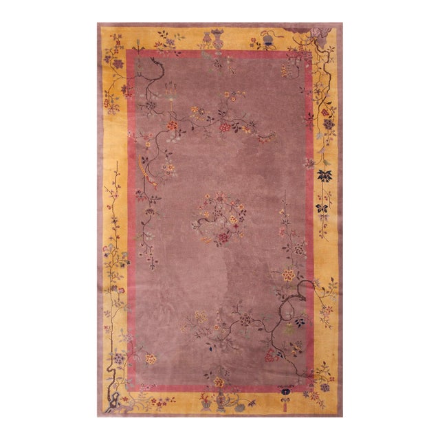 1920s Mauve Floral Antique Chinese Art Deco Rug 9' 2" X 14' 4" Handknotted Wool Carpet For Sale