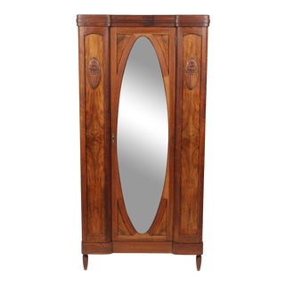 Antique French Wardrobe Cabinet With Oval Mirror For Sale