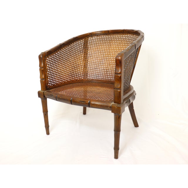 Brown Vintage Regency Style Faux Bamboo Wood and Cane Tub Chair For Sale - Image 8 of 12
