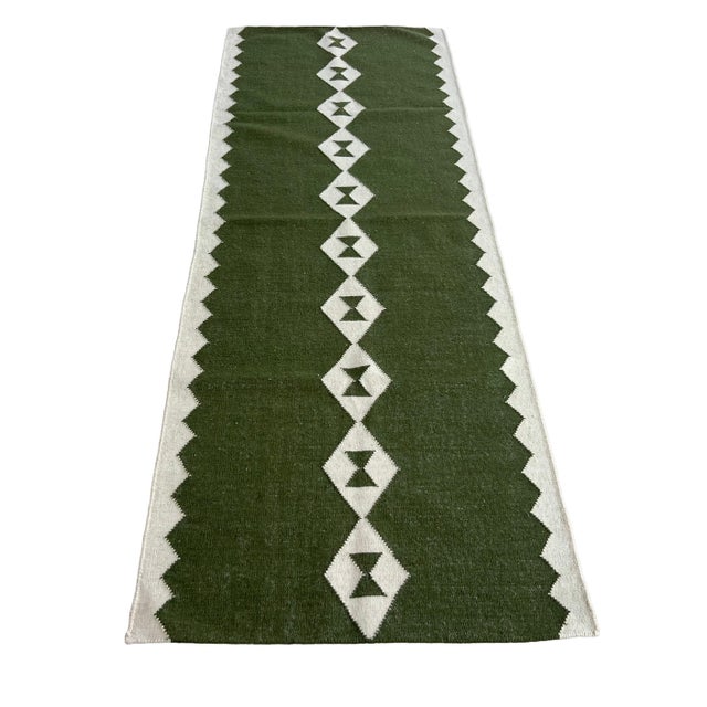 Mid-Century Modern Handmade New Zealand Wool Dhurrie Runner, Olive Green and Cream Geometric Runner Rug- 3'x8' For Sale - Image 3 of 10